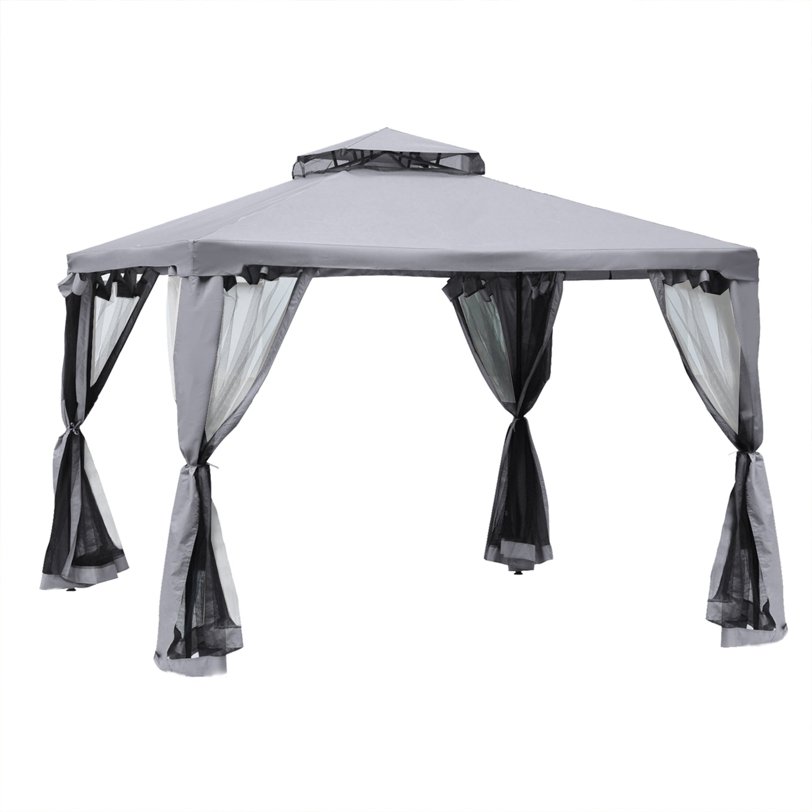 3 x 3 m Metal Gazebo, Garden Pavillion, Double Roof Outdoor Canopy Shelter with Mesh Sidewalls, Grey