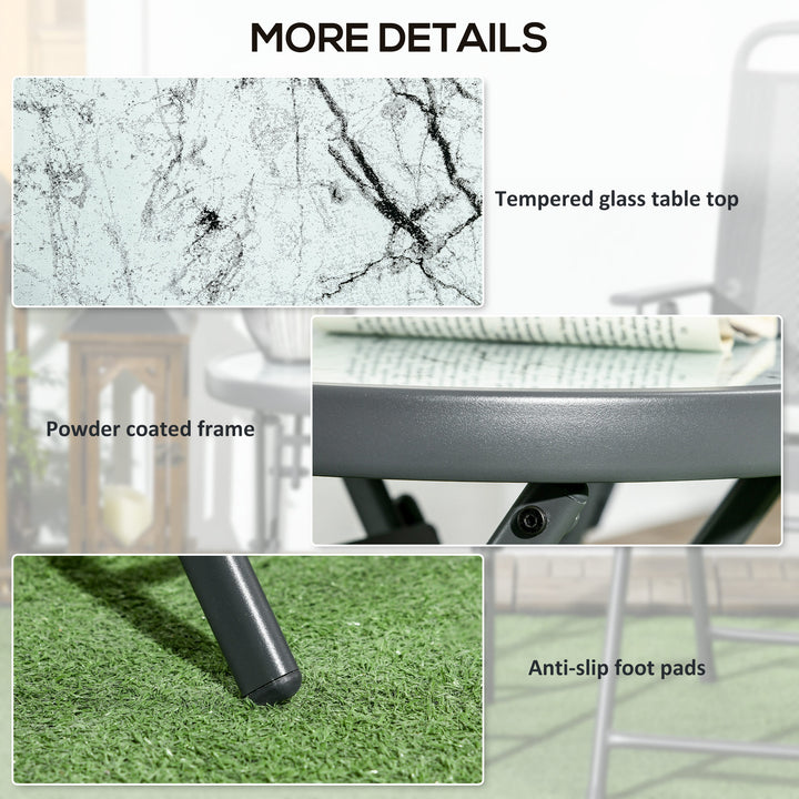 Φ45cm Garden Side Table, Outdoor Round Folding Patio Table with Imitation Marble Glass Top, Small Coffee Table, White