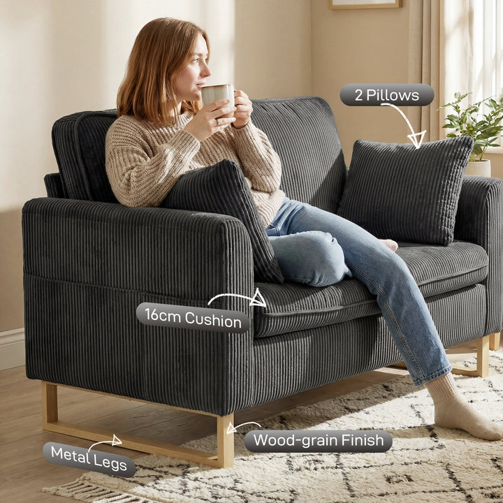 2 Seater Sofa, 140 cm Loveseat Sofa with Spring Cushions, Metal Legs, 
