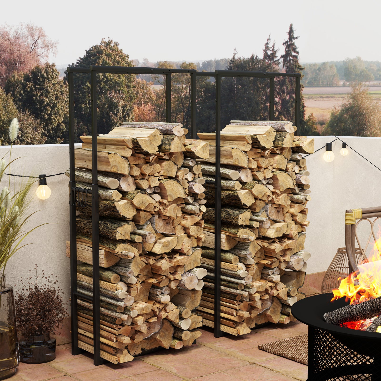 Firewood Log Rack Set of 2, Retractable Metal Wood Store Holder, Indoor Outdoor Fireplace Log Storage Shelf with Hooks, 65 x 25 x 150 cm, Black