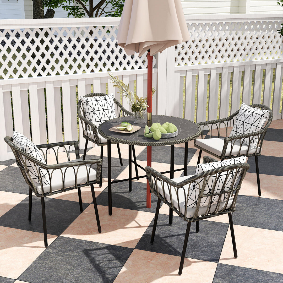 5 Piece Patio Rattan Dining Set, Wicker Garden Table and Chairs w/ Removable Seat & Back Cushions, Round Tempered Glass Tabletop, Parasol Hole, Outdoor Furniture Conservatory Set, Grey