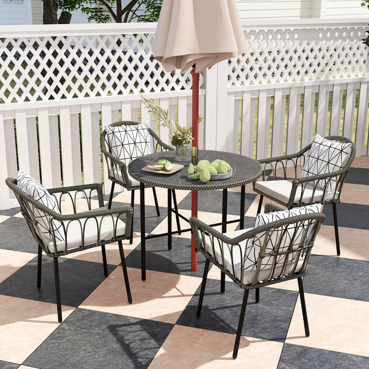 5 Piece Patio Rattan Dining Set, Wicker Garden Table and Chairs w/ Removable Seat & Back Cushions, Round Tempered Glass Tabletop, Parasol Hole, Outdoor Furniture Conservatory Set, Grey