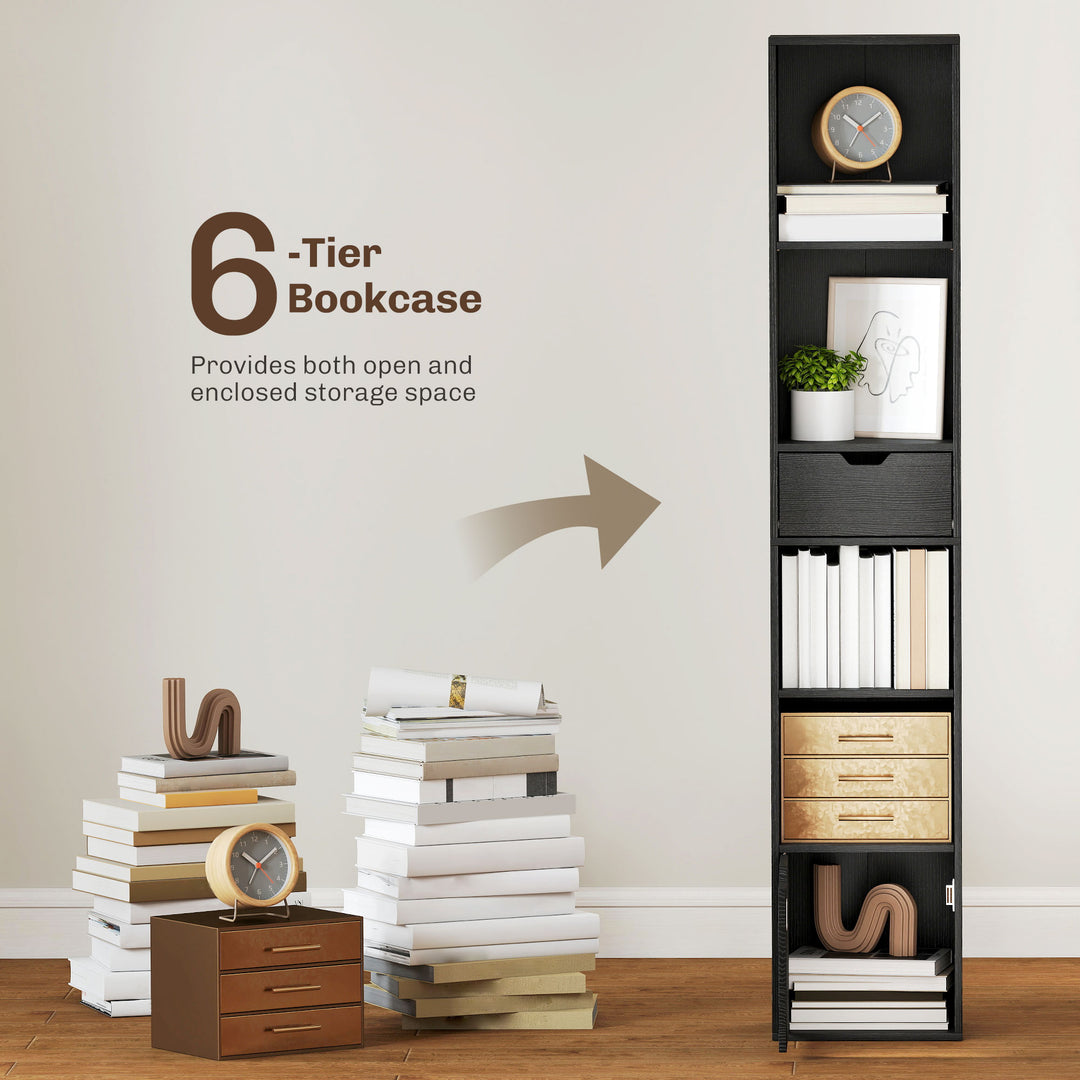 6-Tier Bookcase, Tall Narrow Bookshelf with Drawer and Door - Black