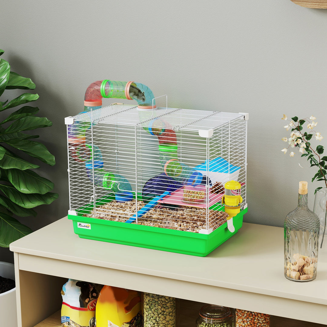 2 Tier Hamster Cage, Gerbil Cage with Handle, Exercise Wheels, Tunnel,