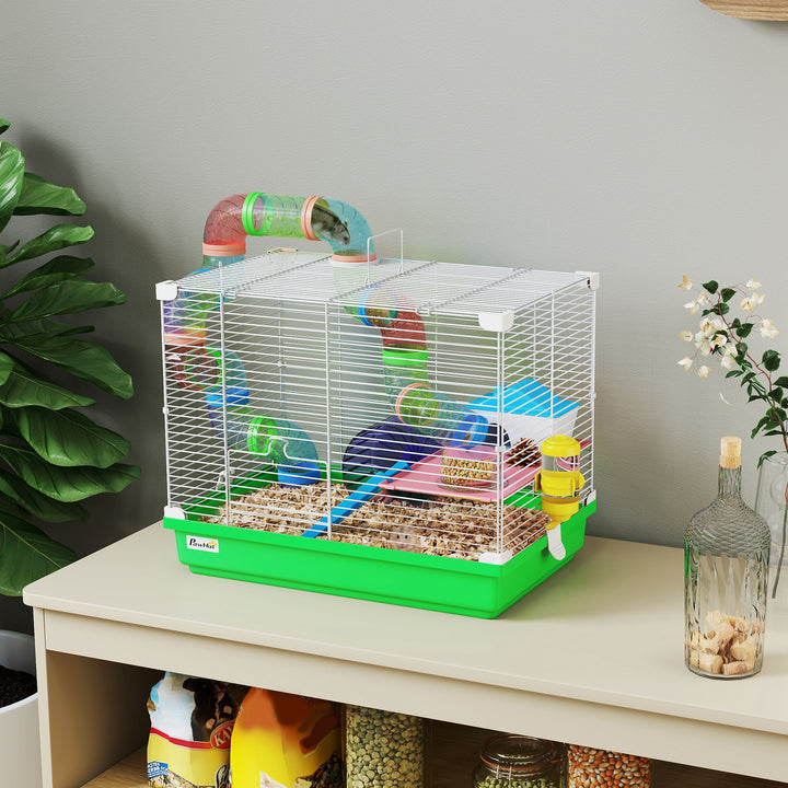 2 Tier Hamster Cage, Gerbil Cage with Handle, Exercise Wheels, Tunnel,