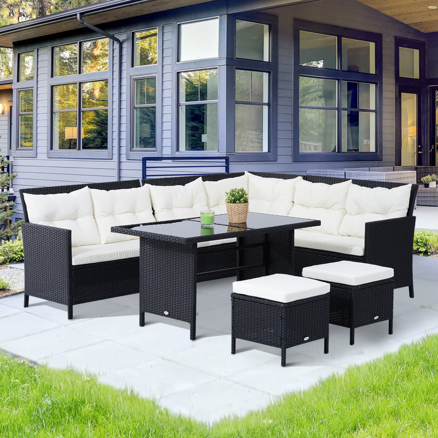 8-Seater Garden Rattan Furniture Rattan Corner Dining Sofa Set Wicker Conservatory Furniture Lawn Patio Coffee Table Foot Stool w/Cushion-Black