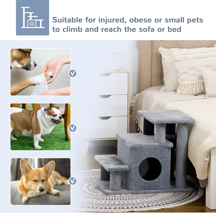 Adjustable Cat Steps, with House & Hanging Toy Ball - Grey