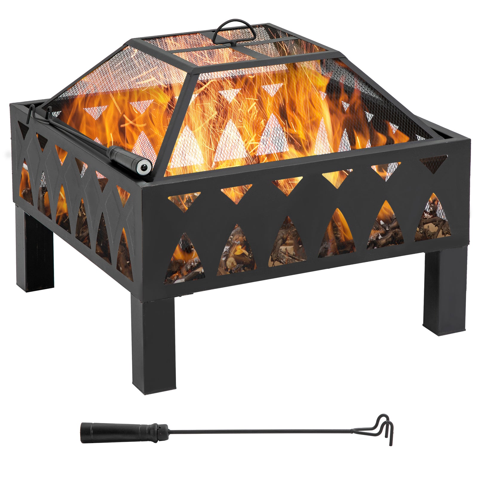 66cm Outdoor Fire Pit with Screen Cover, Wood Burner, Log Burning Firepit Bowl with Poker for Patio, Backyard, Black