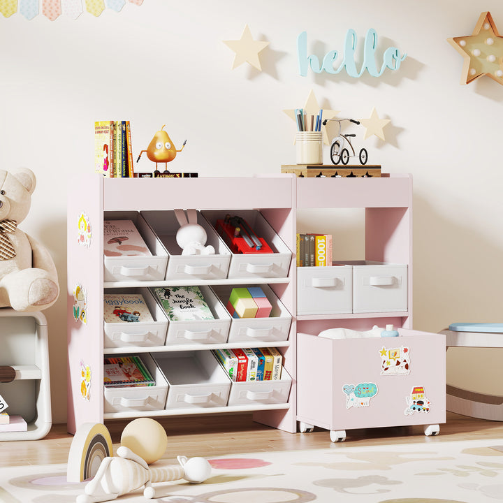 MCL Kids Toy Storage Unit with 11 Bins, Cabinet, Top Shelves, 3 Stickers, for Nursery, Playroom, Pink