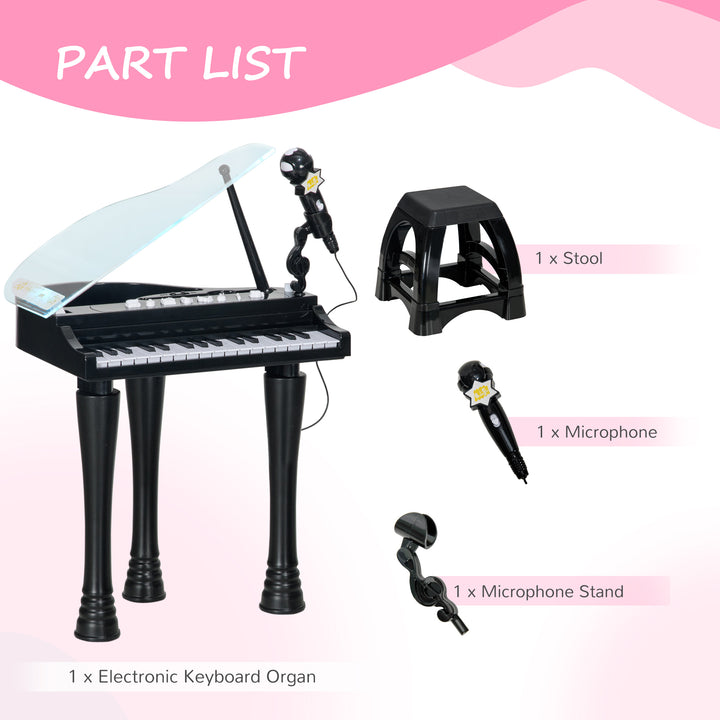 AIYAPLAY Children's 32-Key Piano Keyboard, with Stool, Lights, Microphone, Sounds, for Aspiring Musicians, Black | Aosom UK