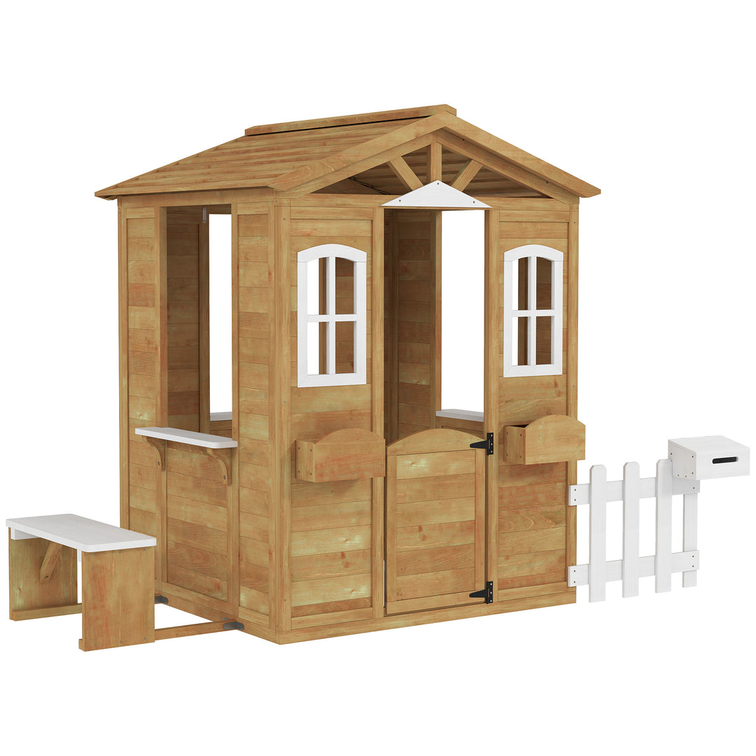Wooden Playhouse for Kids with Door, Windows, Mailbox, Flower Pot Holder, Serving Station, Bench for Children, Yellow