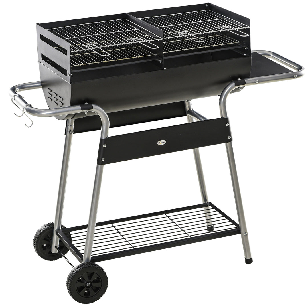 Charcoal Barbecue Grill BBQ Trolley with Double Grill, Adjustable Grill Height, Side Table, Storage Shelf, and Wheels for Outdoor Cooking, 130 x 51 x 111cm, Black