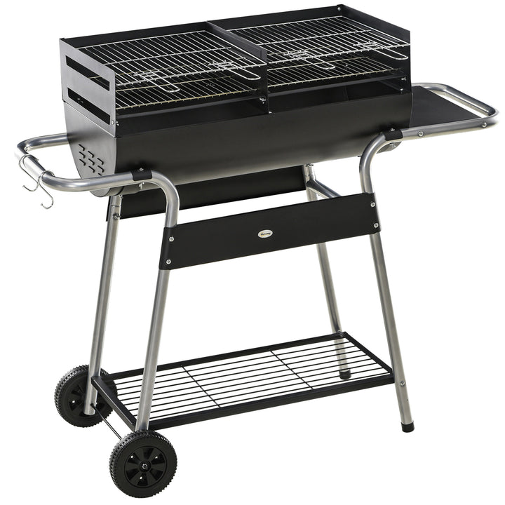 Charcoal Barbecue Grill BBQ Trolley with Double Grill, Adjustable Grill Height, Side Table, Storage Shelf, and Wheels for Outdoor Cooking, 130 x 51 x 111cm, Black