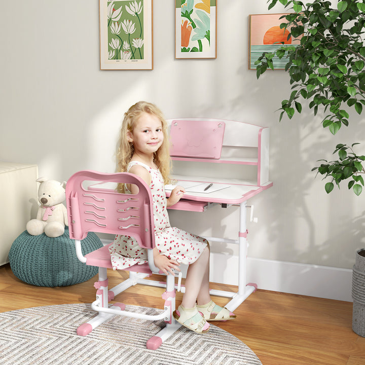 ZONEKIZ Height Adjustable Kids Study Table and Chair Set, with Drawer, Storage Shelf, 80 x 54.5 x 104 cm, Pink | Aosom UK