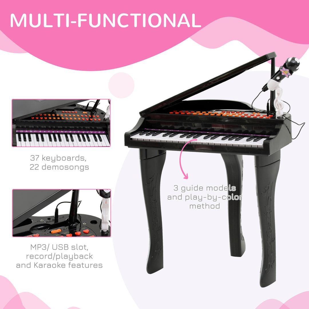 MCL 37 Keys Kids Mini Electronic Keyboard Children Grand Piano with Stool Microphone Light Musical Instrument Educational Game Toy Set (Black)