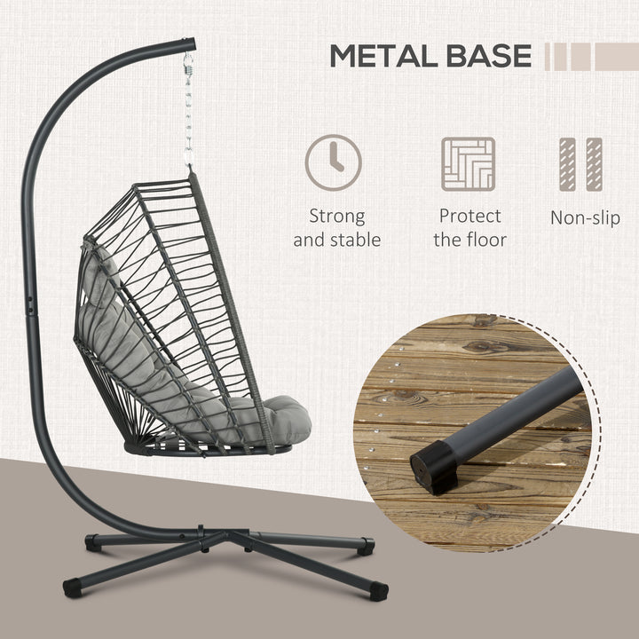 Outdoor PE Rattan Swing Chair with Foldable Basket and Cushion, Garden Patio Hanging Egg Chair with Metal Stand, Headrest for Indoor and Outdoor, Light Grey