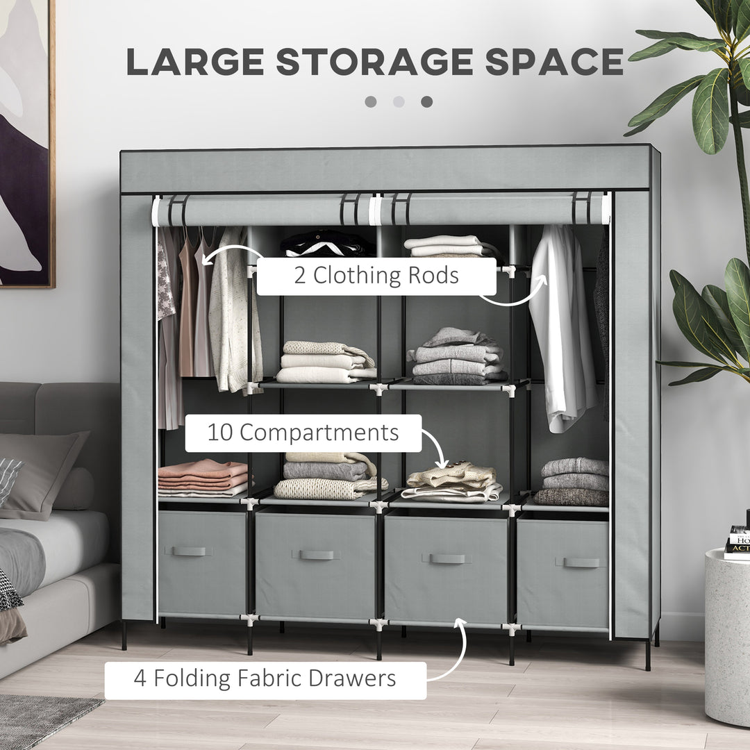 Fabric Wardrobe for Bedroom, Portable Cloth Wardrobe with 10 Compartments, 2 Hanging Rails and 4 Fabric Drawers, 166 x 42.5 x 169.5cm, Dark Grey