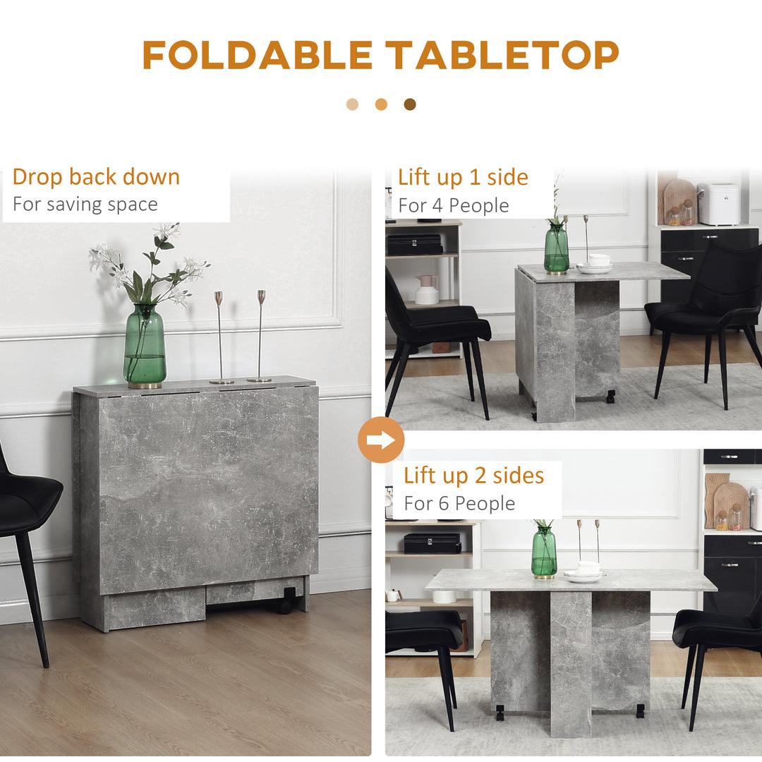 Folding Dining Table, Drop Leaf Table with 2-Tier Shelves, Rolling Casters, for Small Spaces, Kitchen, Cement Grey
