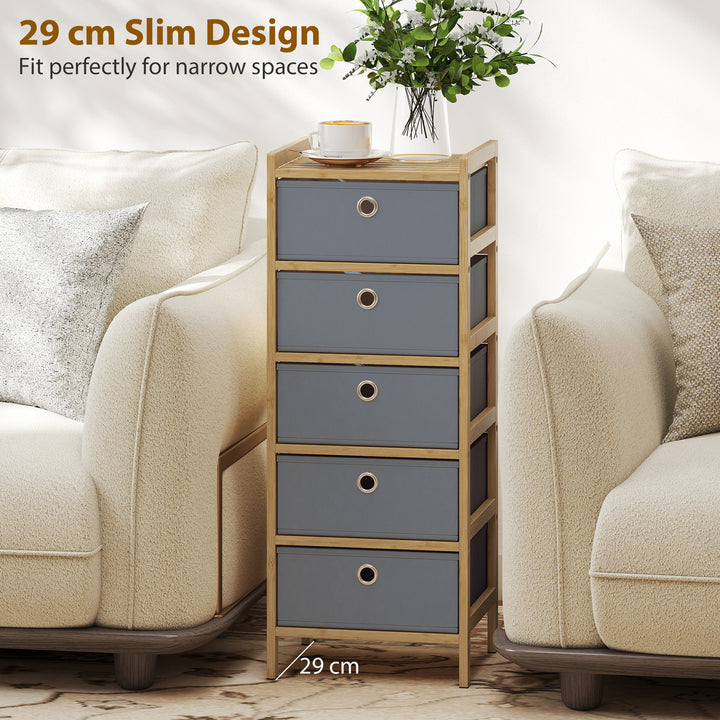 Chest of Drawers, 5 Fabric Drawers Narrow Dresser with Bamboo Frame, L