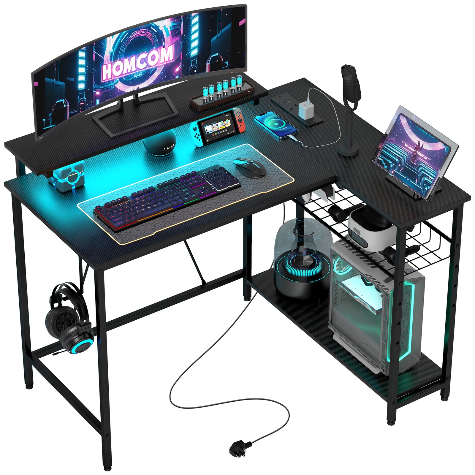 Reversible 'L' LED Light Gaming/Work Desk - Black