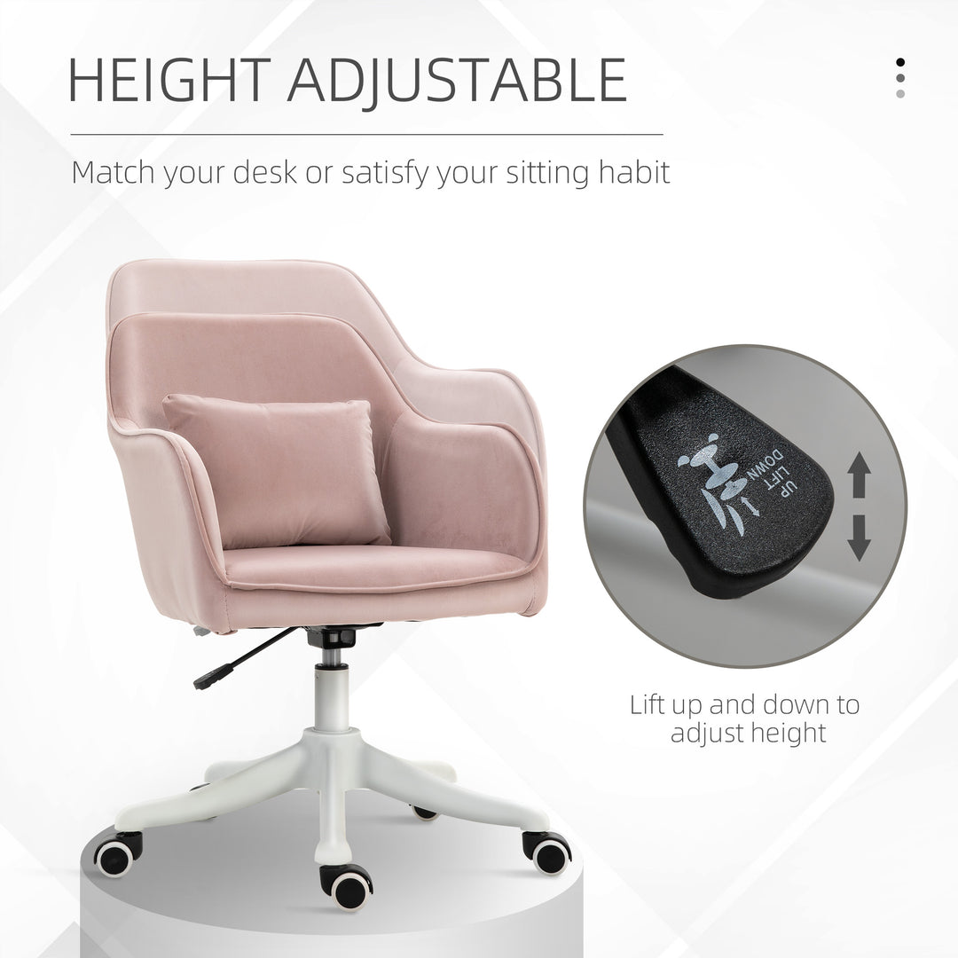 Velvet Office Chair, Desk Chair, Makeup Vanity Chair with Massage Lumbar Pillow and Rolling Wheels for Bedroom and Home, Pink