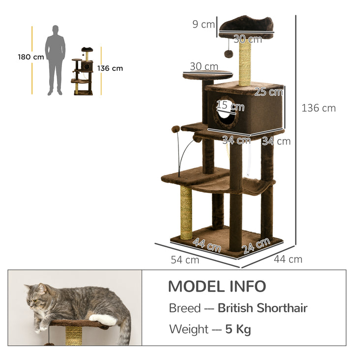 PawHut 136cm Cat Tree for Indoor Cats, Modern Cat Tower with Scratching Posts, house, Platforms, Toy Ball - Brown | Aosom UK