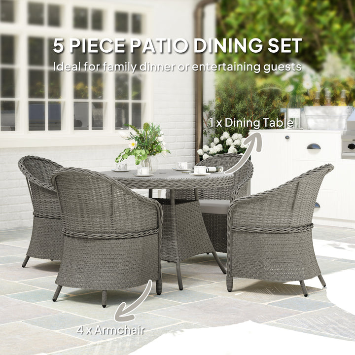 4 Seater Rattan Garden Furniture Set with Cushions, Round PE Rattan Dining Set with Glass-Top Table, Umbrella Hole, Outdoor Garden Table and Chairs, Grey
