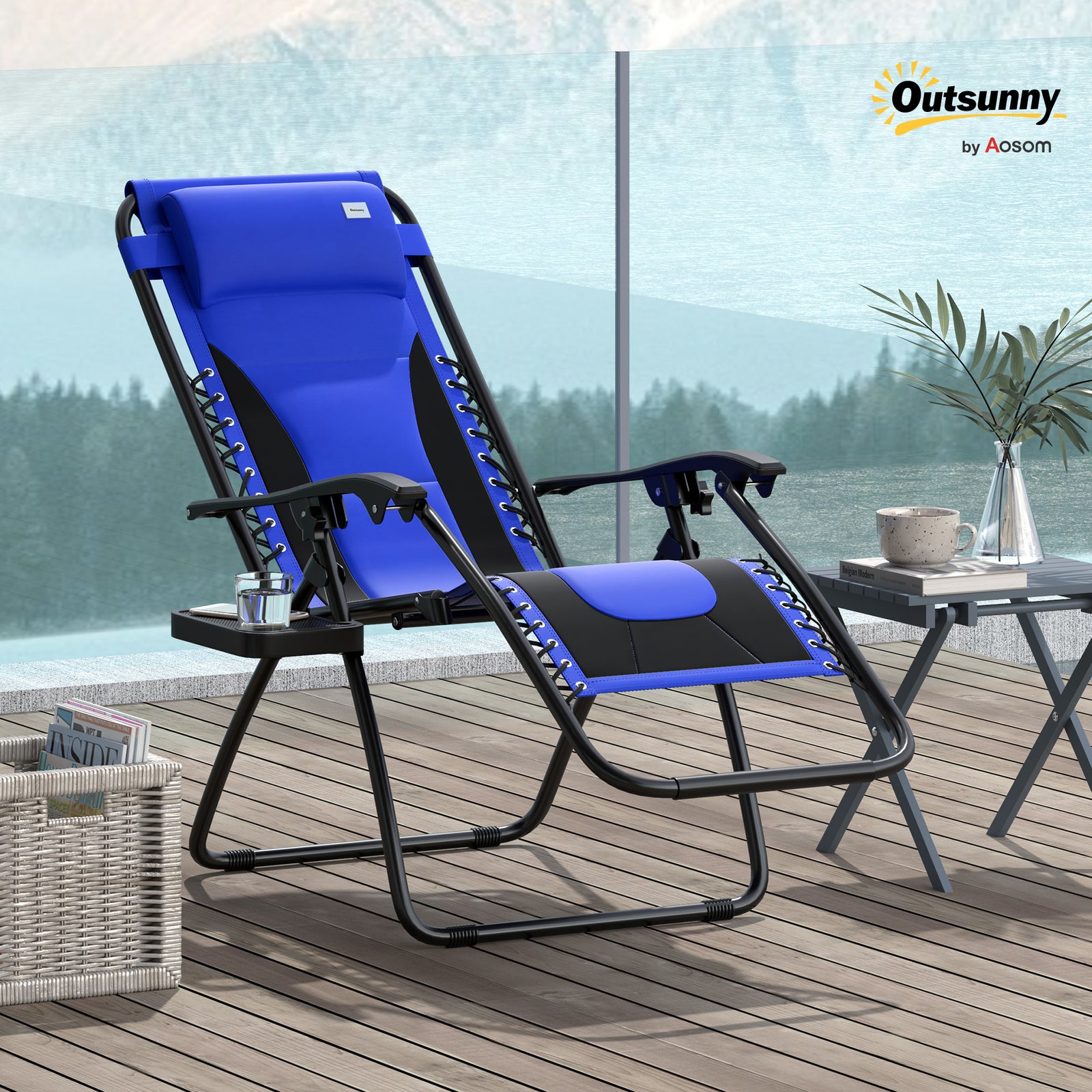 Zero Gravity Lounger Chair, Folding Reclining Patio Chair with Padded Seat, Cup Holder, Soft Cushion and Headrest for Poolside, Camping, Blue