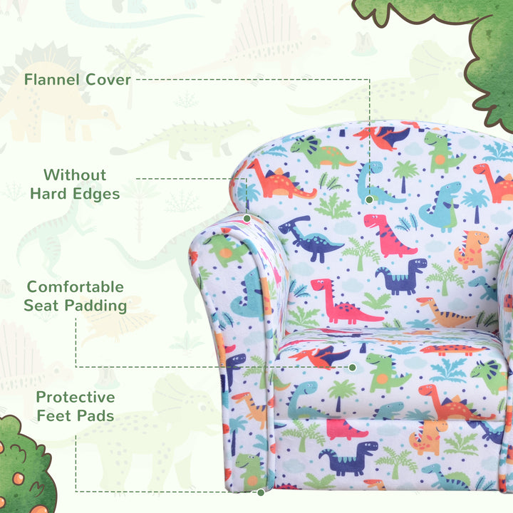 HOMCOM Children Armchair Kids Sofa Tub Chair Seat Cartoon Dinosaur Pattern Bedroom Flannel Wooden Frame Non-slip Playroom Seater | Aosom UK