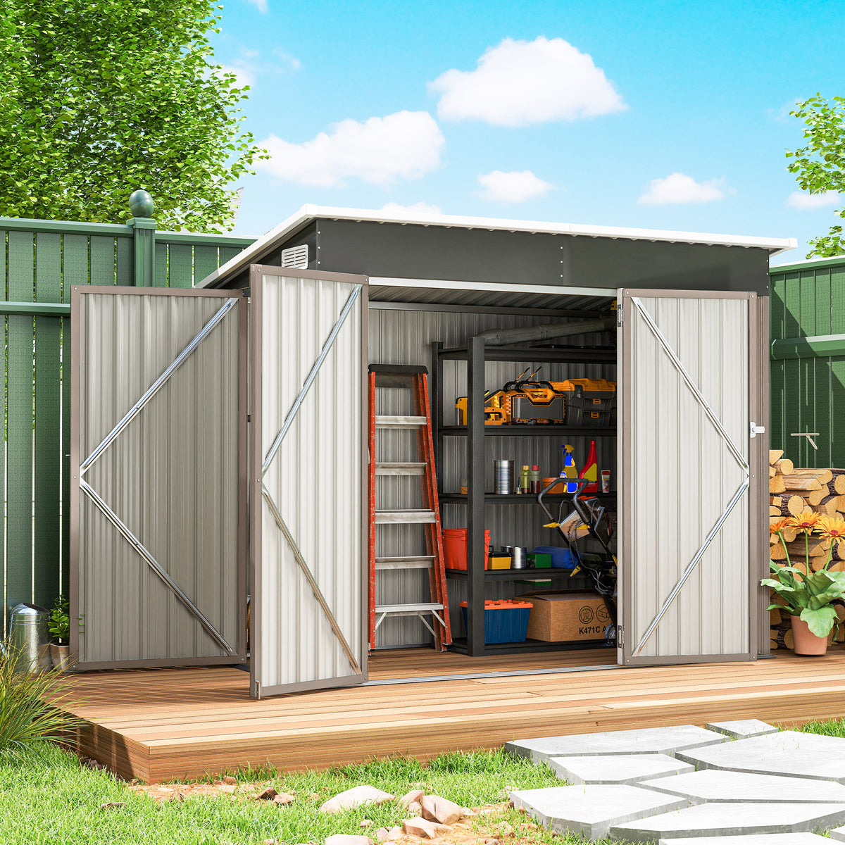 7.5 x 4.3ft Metal Garden Storage Shed, Waterproof Outdoor Shed with Tr