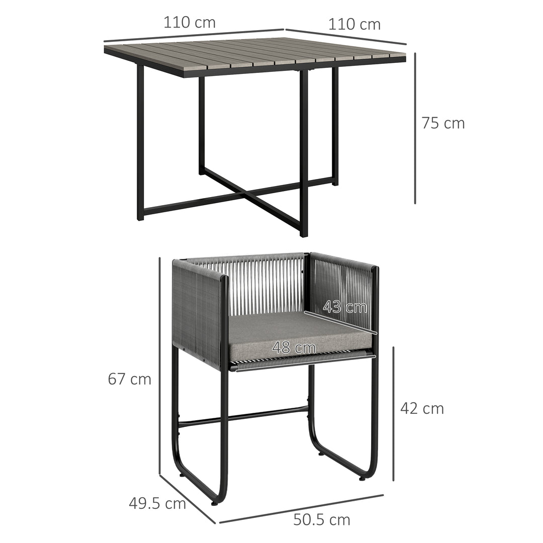 4 Seater Rattan Cube Garden Furniture Set, Rattan Dining Set with Cushions, Outdoor Dining Table and Chairs with Rectangular Wood Grain Plastic Top Table for Patio, Balcony, Grey