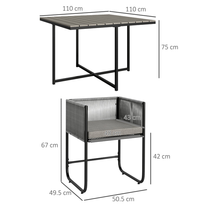 4 Seater Rattan Cube Garden Furniture Set, Rattan Dining Set with Cushions, Outdoor Dining Table and Chairs with Rectangular Wood Grain Plastic Top Table for Patio, Balcony, Grey