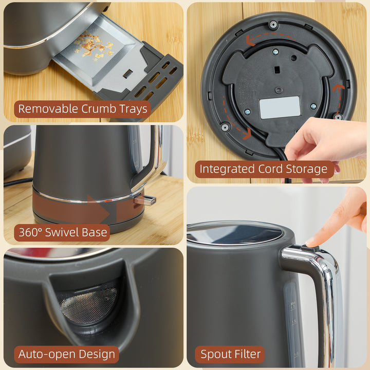 Kettle and Toaster Set, 1.7L 3000W Fast Boil Kettle & 2 Slice Toaster Kitchen Set with 6 Level Browning Controls, Defrost, Reheat, Grey