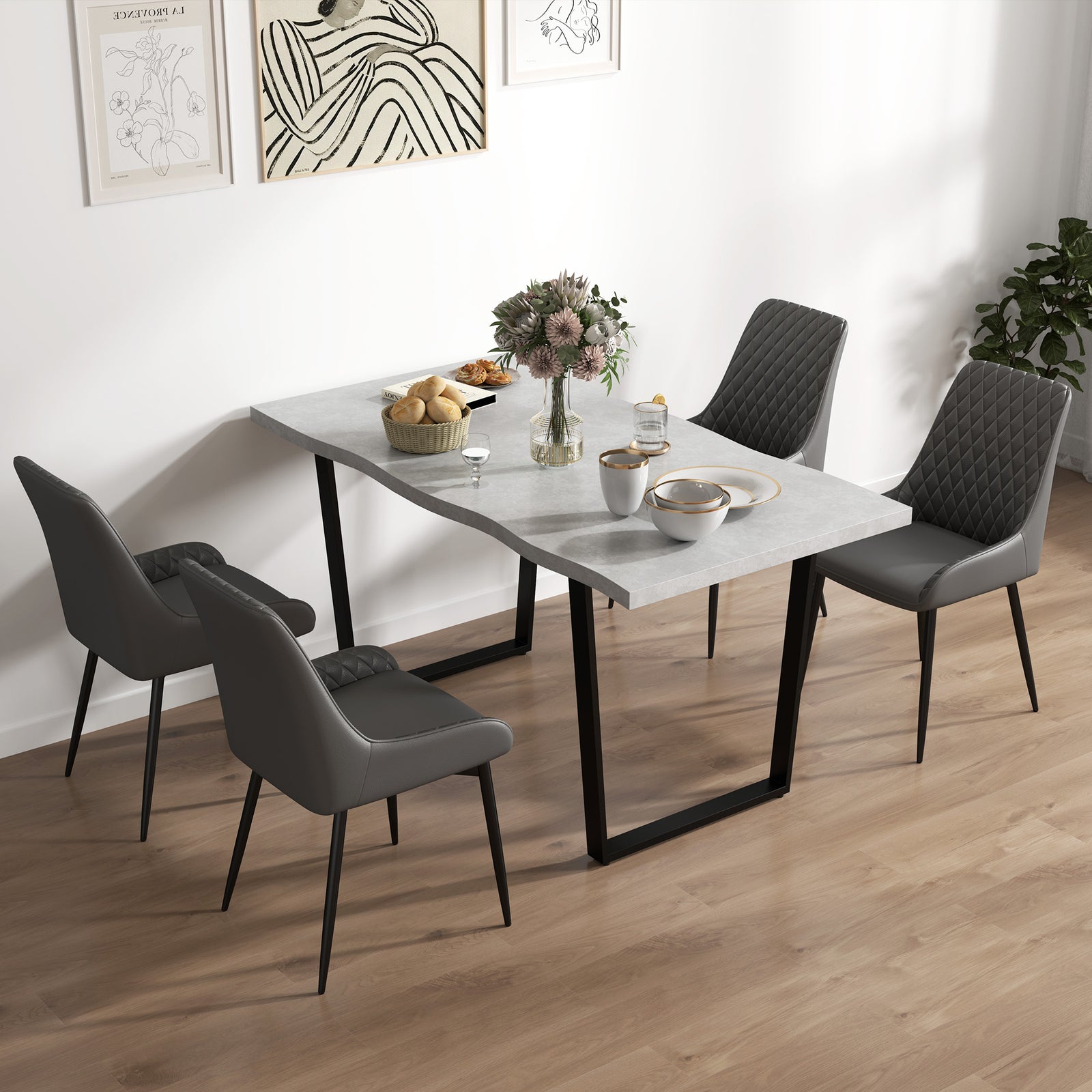 Set of 4 Quilted PU Leather Dining Chairs with Metal Frame 4 Legs Foot Caps Home Seating Modern Stylish Executive, Grey