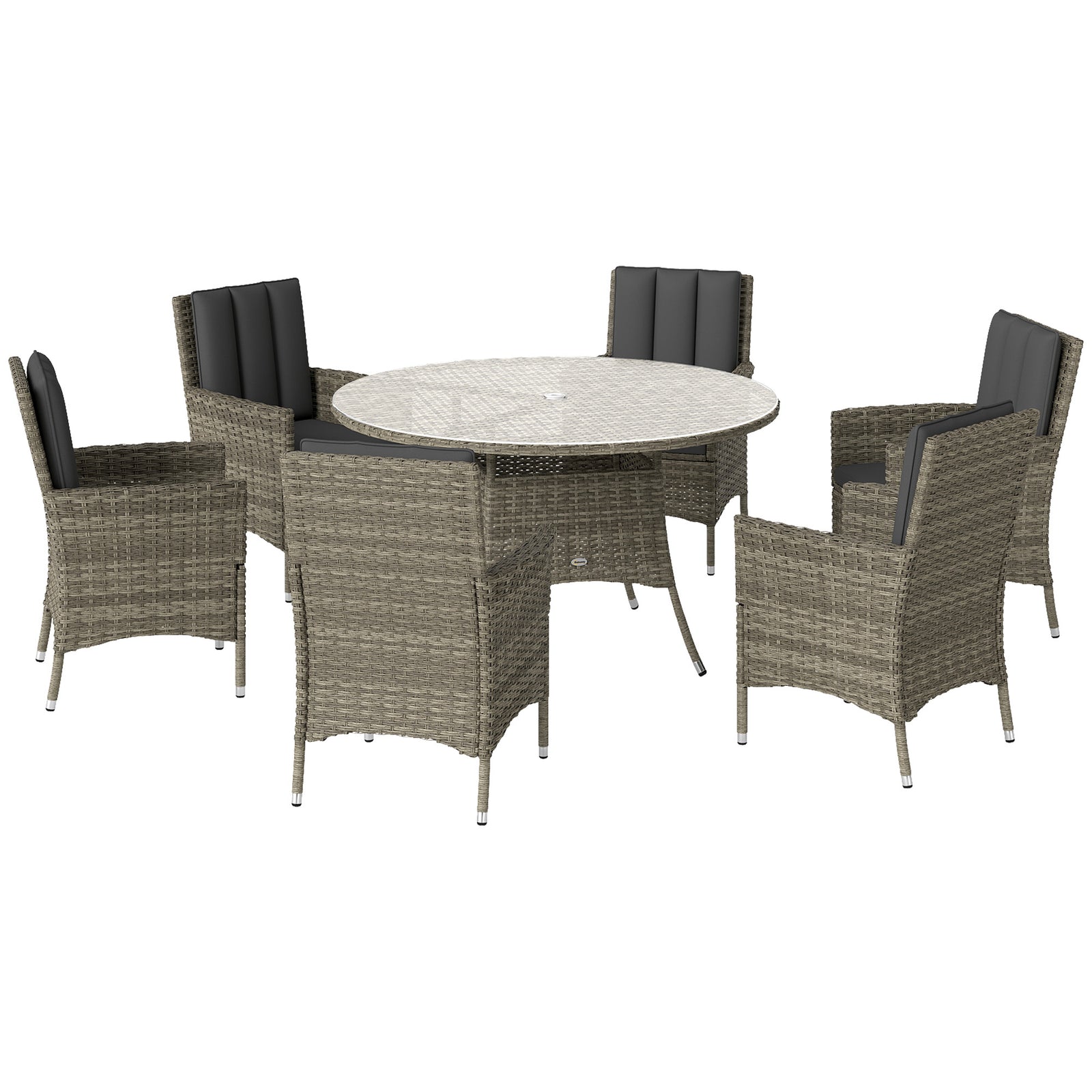 Seven-Piece Rattan Dining Table, with Round Glass-Top Table - Light Grey