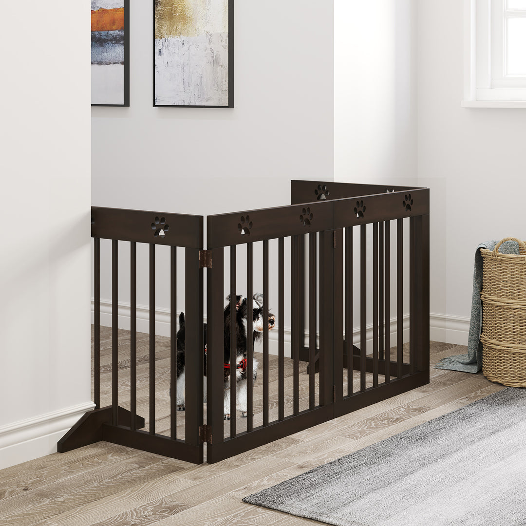 MCL Freestanding Pet Gate 4 Panel Wooden Dog Barrier Folding Safety Fence with Support Feet up to 204cm Long 61cm Tall for Doorway Stairs Brown
