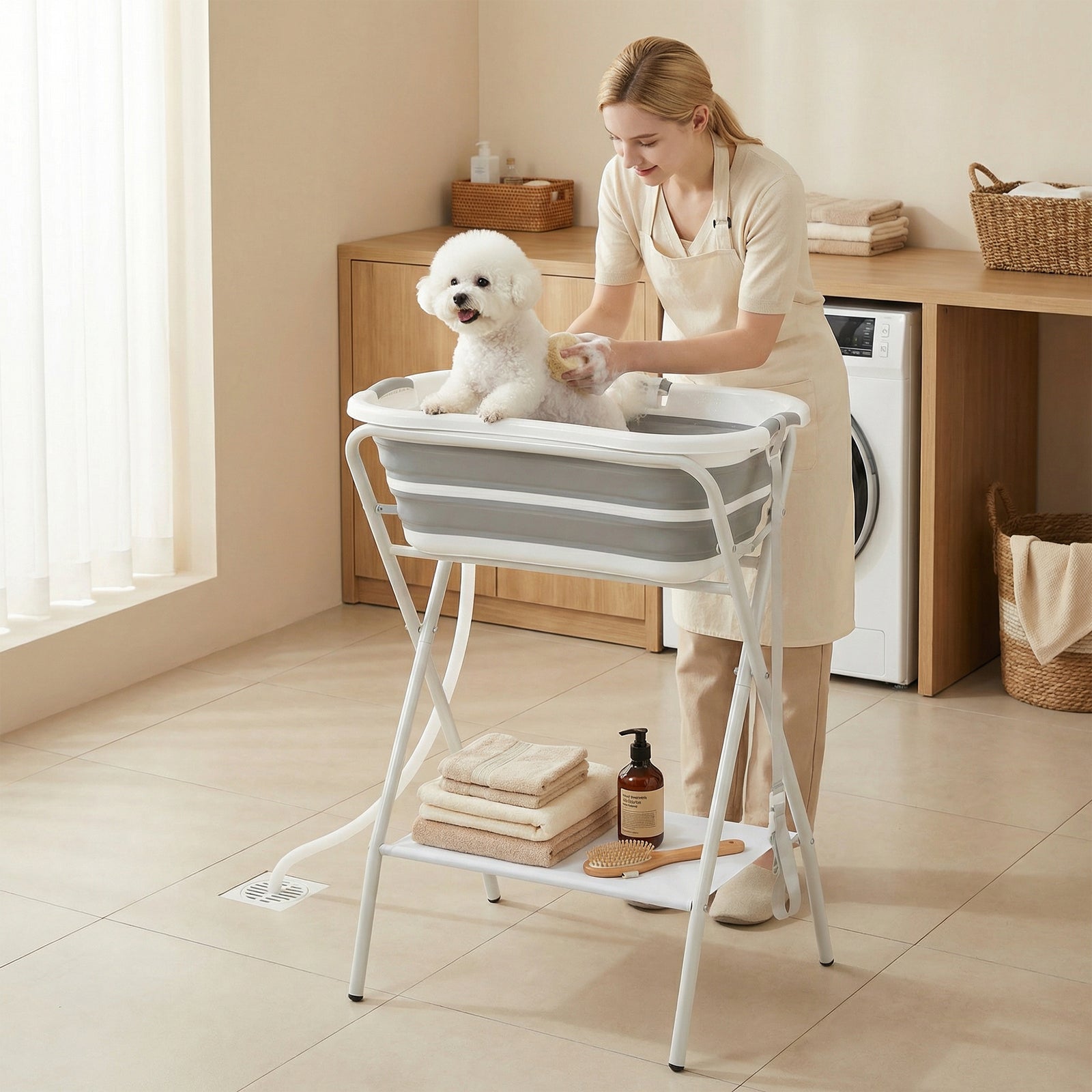 Dog Bath Tub, Portable Foldable Dog Bathtub with Stand, Drainage Hole,