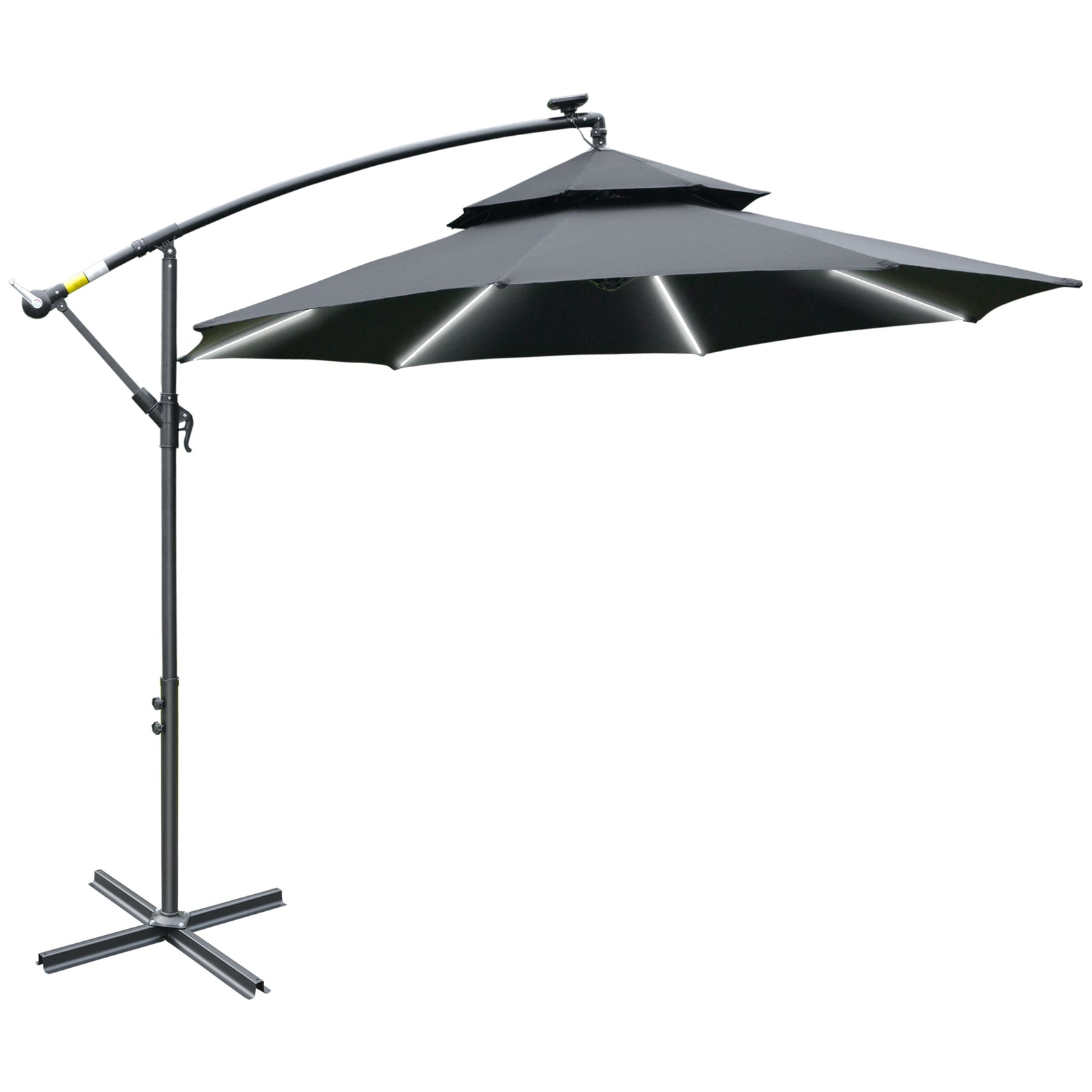 3(m) Cantilever Banana Parasol Hanging Umbrella with LED Solar lights, Crank, 8 Sturdy Ribs and Cross Base for Outdoor, Garden, Patio, Black
