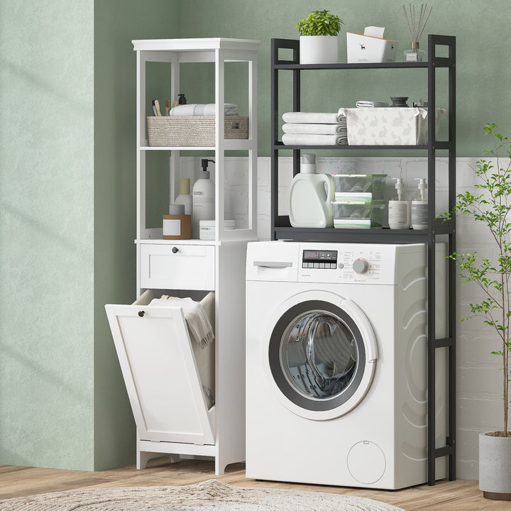 Tall Bathroom Cabinet, with Laundry Basket - White