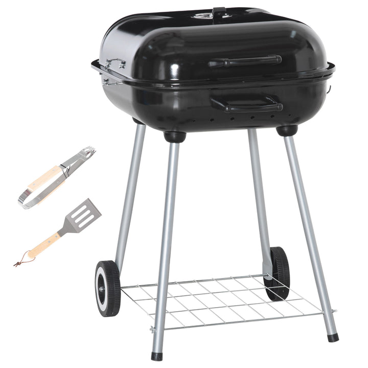 MCL Portable BBQ Charcoal Grill with 2 Wheels and Cooking Utensils, Smoker Grill with Lid for Outdoor Barbecues, Camping, Picnic, Courtyard