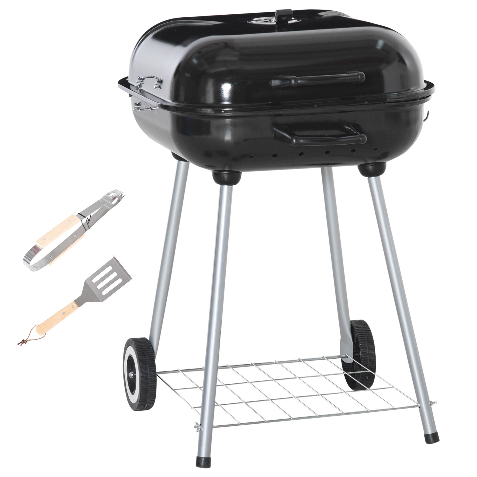 Portable BBQ Charcoal Grill with 2 Wheels and Cooking Utensils, Smoker Grill with Lid for Outdoor Barbecues, Camping, Picnic, Courtyard