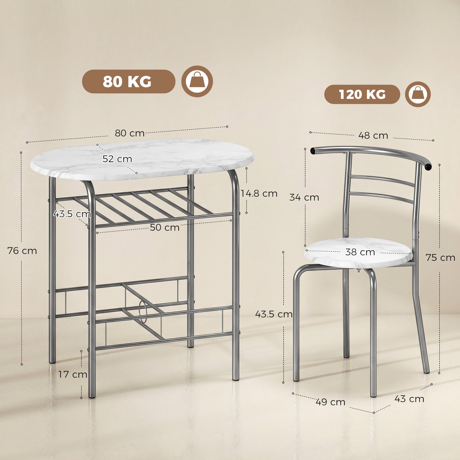 Three-Piece Compact Dining Set - White Marble Effect