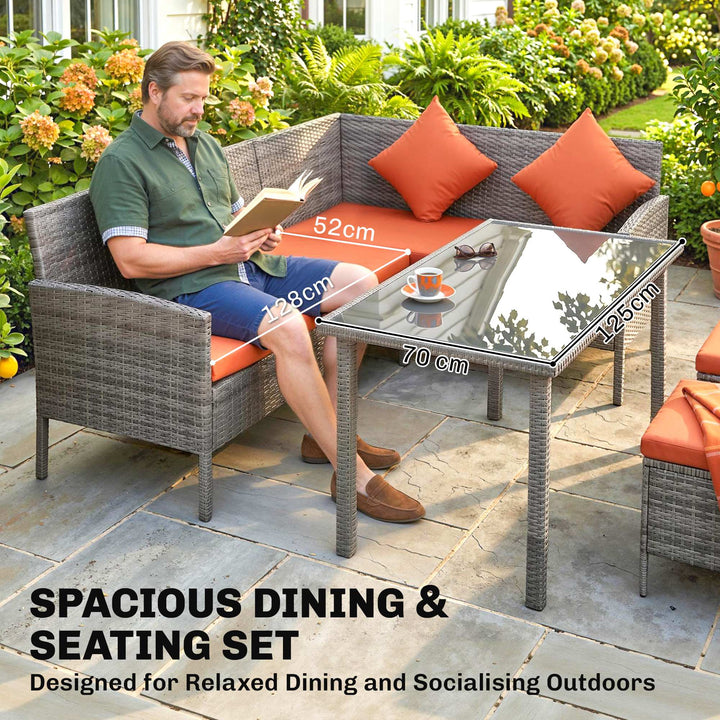 6-Seater Rattan Dining Set Sofa Table Footstool Outdoor w/ Cushion Gar