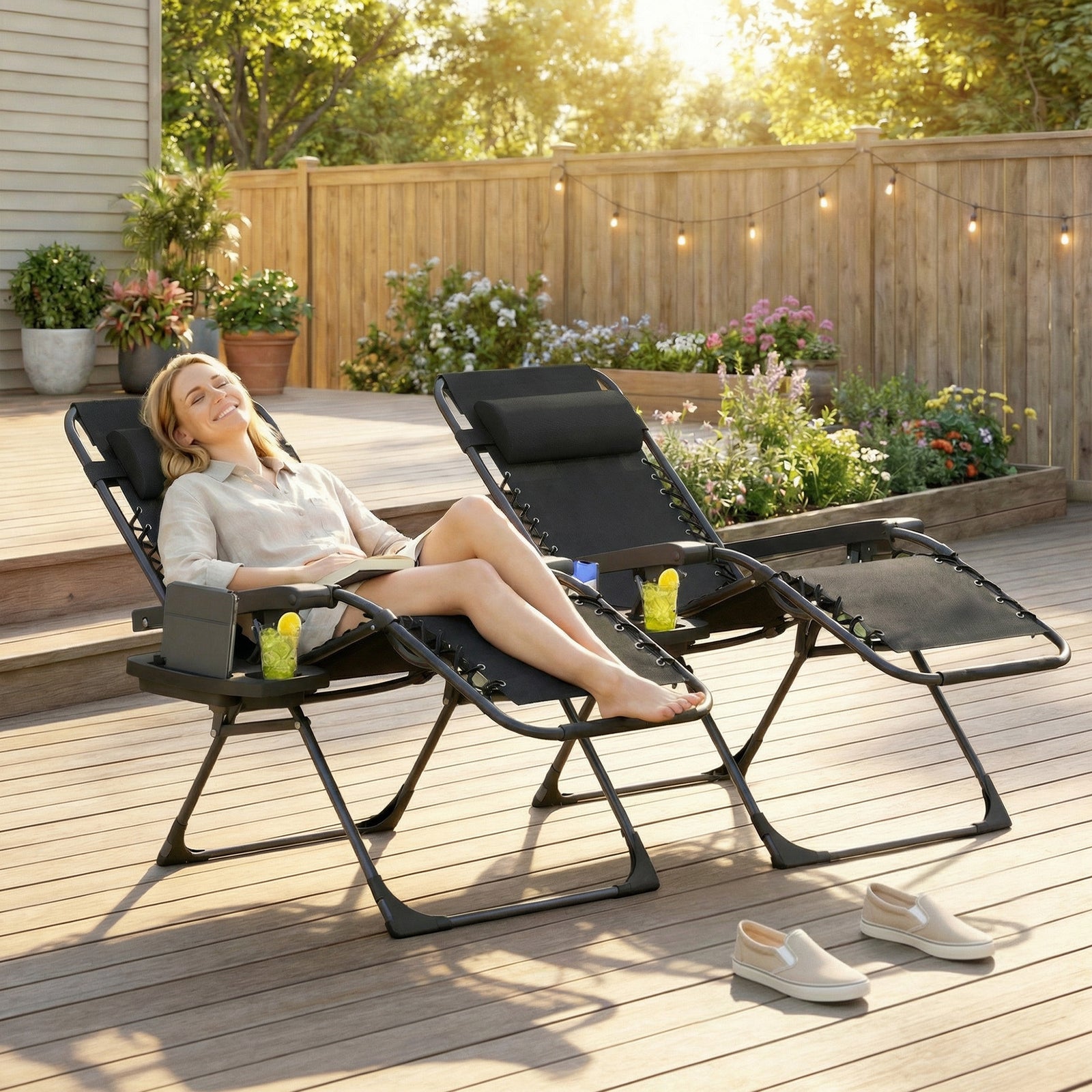 Zero Gravity Chairs Set of 2, Folding Sunloungers Reclining Garden Cha