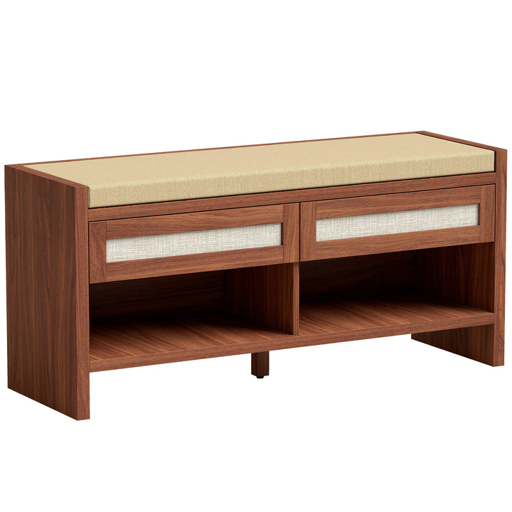 Boho Shoe Bench with 2 Rattan Drawers, Shoe Storage Bench with Cushion