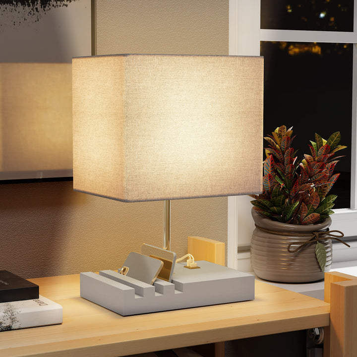 Bedside Lamp with USB A+C Charging Ports and 3 Phone Stands, Modern Table Lamp with Solid Wood Base and Fabric Shade for Bedroom Living Room Office, E27 Socket, Bulb Not Included