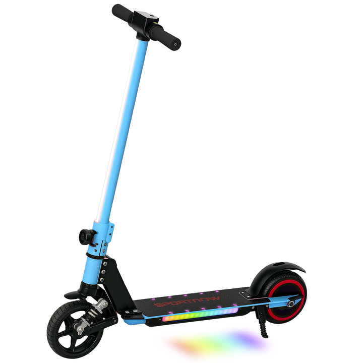 Folding Electric Scooter for Kids Age 6-14 with Dual Brakes, Front Suspension, LED Colourful Lights and Display, 6.8kg Lightweight Aluminium E Scooter, Up to 14 KM/H & 6 KM, Blue