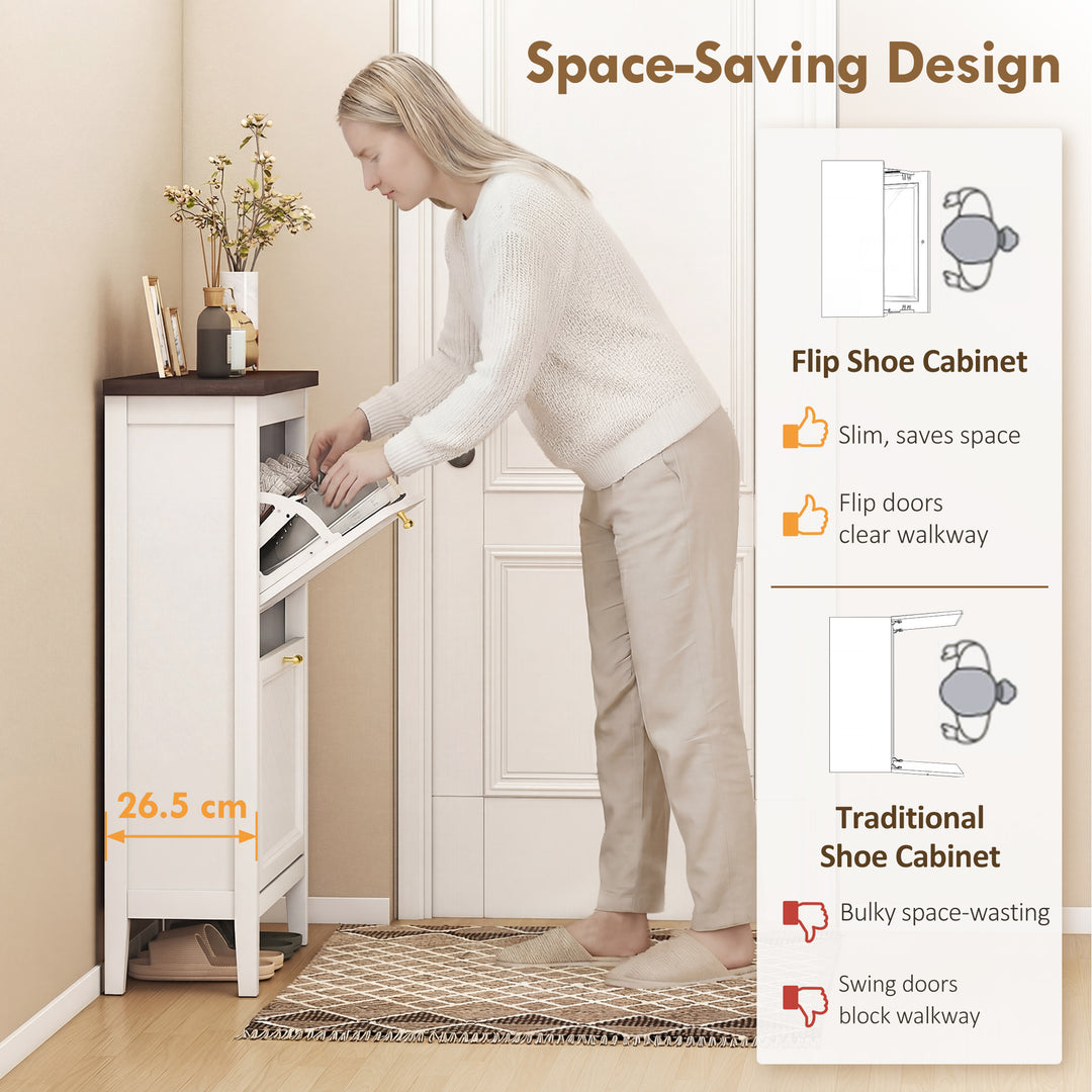 Shoe Cabinet with 2 Flip Drawers, Farmhouse Narrow Shoe Storage Cabine