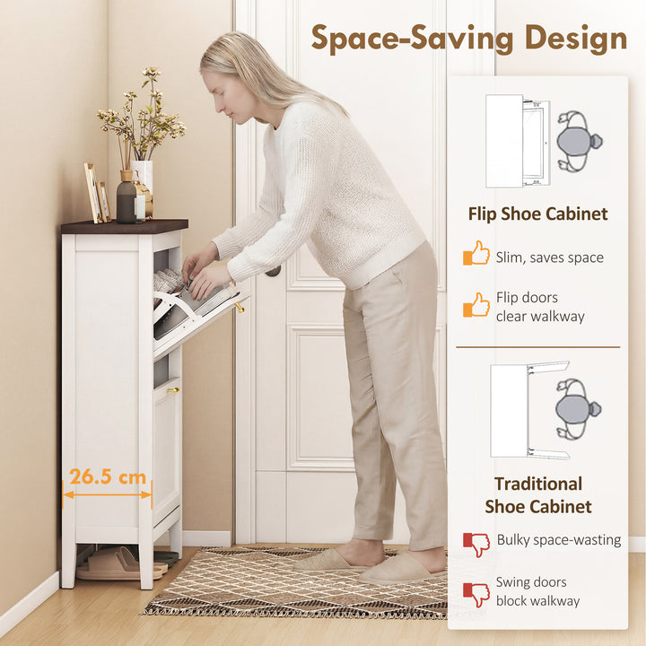 Shoe Cabinet with 2 Flip Drawers, Farmhouse Narrow Shoe Storage Cabine