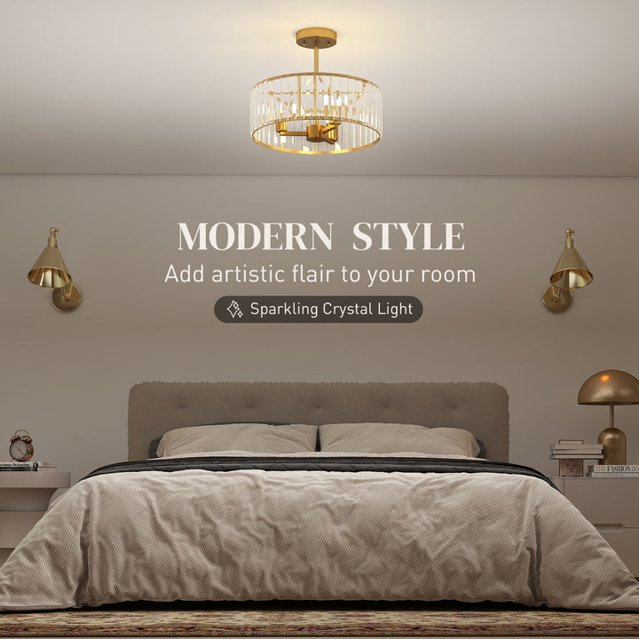 Crystal Ceiling Light Fixture, Semi Flush Mount Modern Crystal Chandelier Ceiling Light for Living Room, Bedroom, Hallway, Dining Room, E14 Base 3-Lights, Gold Tone
